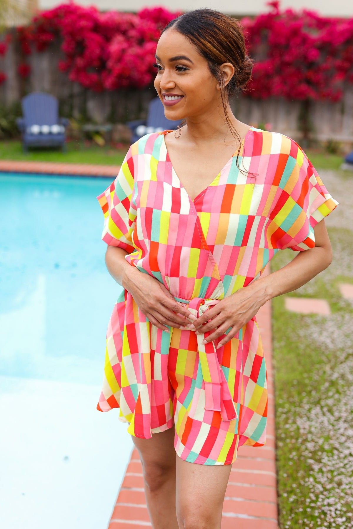 Eyes On You Coral Geo Abstract Surplice Woven Romper